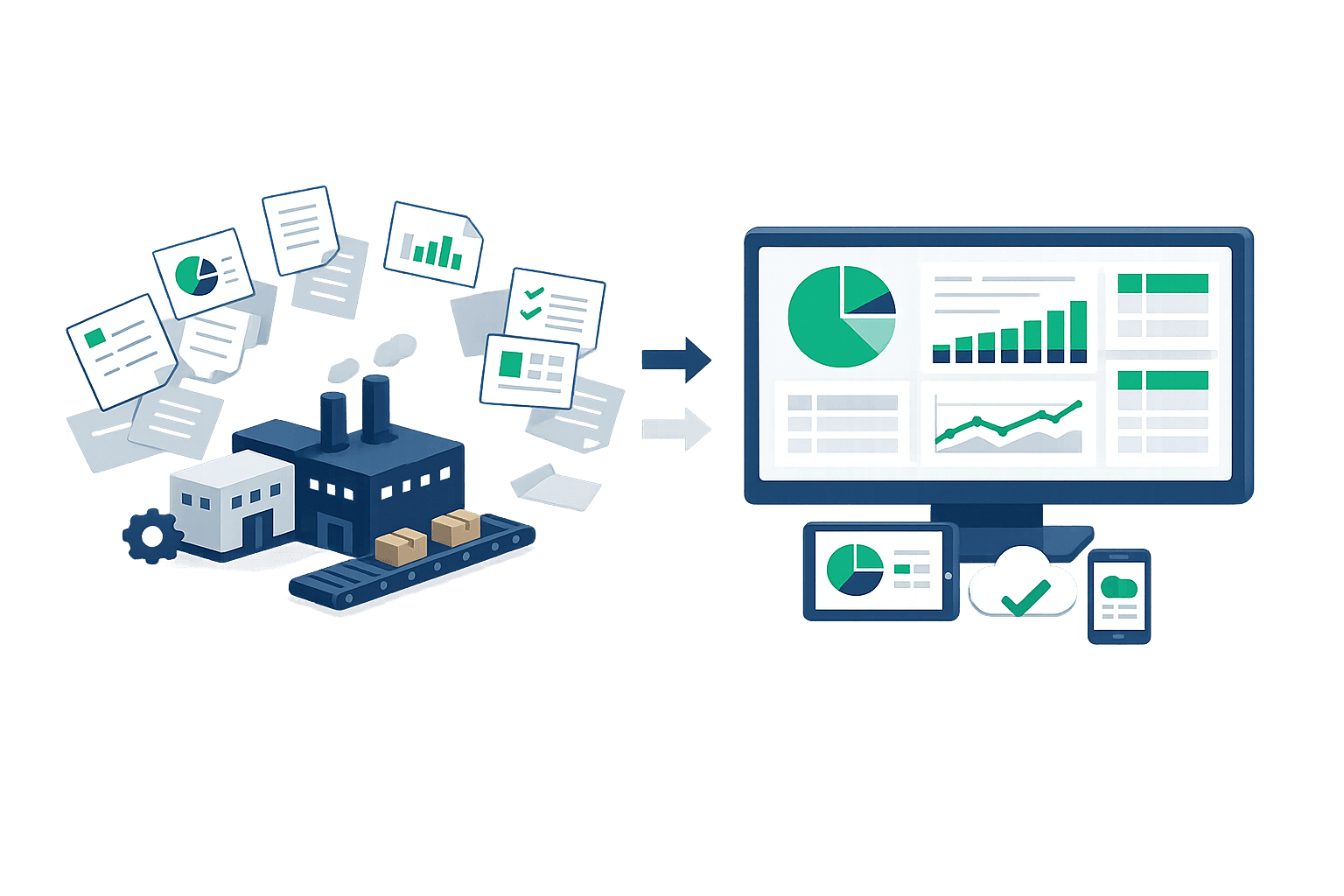 紙の業務からデジタルダッシュボードへの変革を表すイラスト